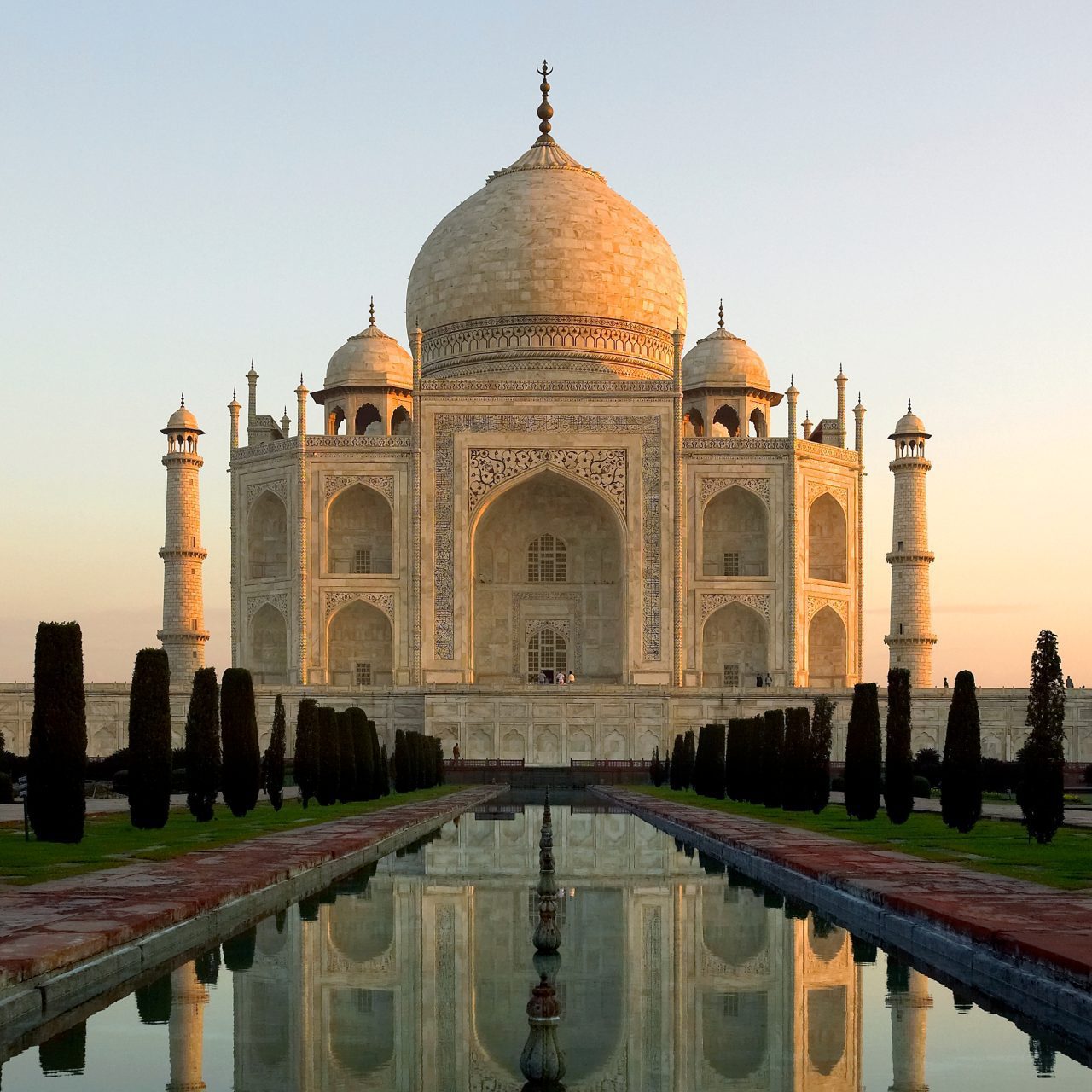 The Taj Mahal at sunrise near Agra in Northern India