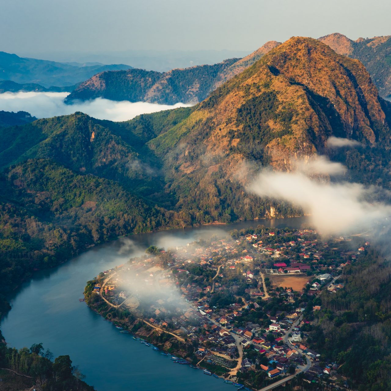 Aerial view of Nong Khiaw village at sunrise, Laotian, Luang Prabang, Laos